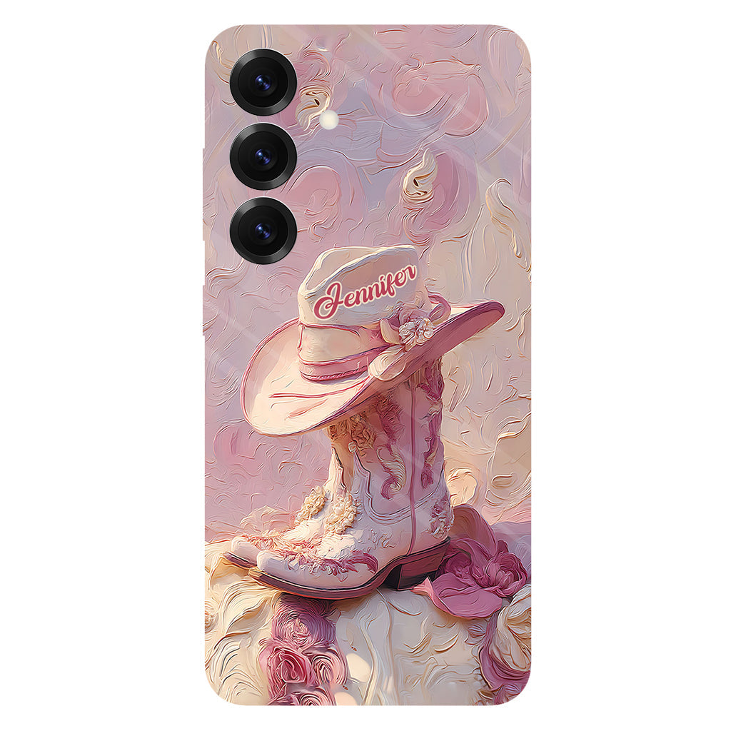 Coque de téléphone et support personnalisés « Cowgirl rose » avec imprimé intégral et support pour téléphone
