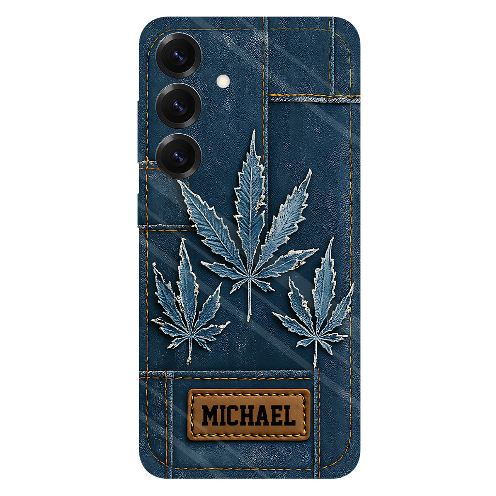 Coque de téléphone personnalisée avec imprimé intégral de marijuana en denim vieilli