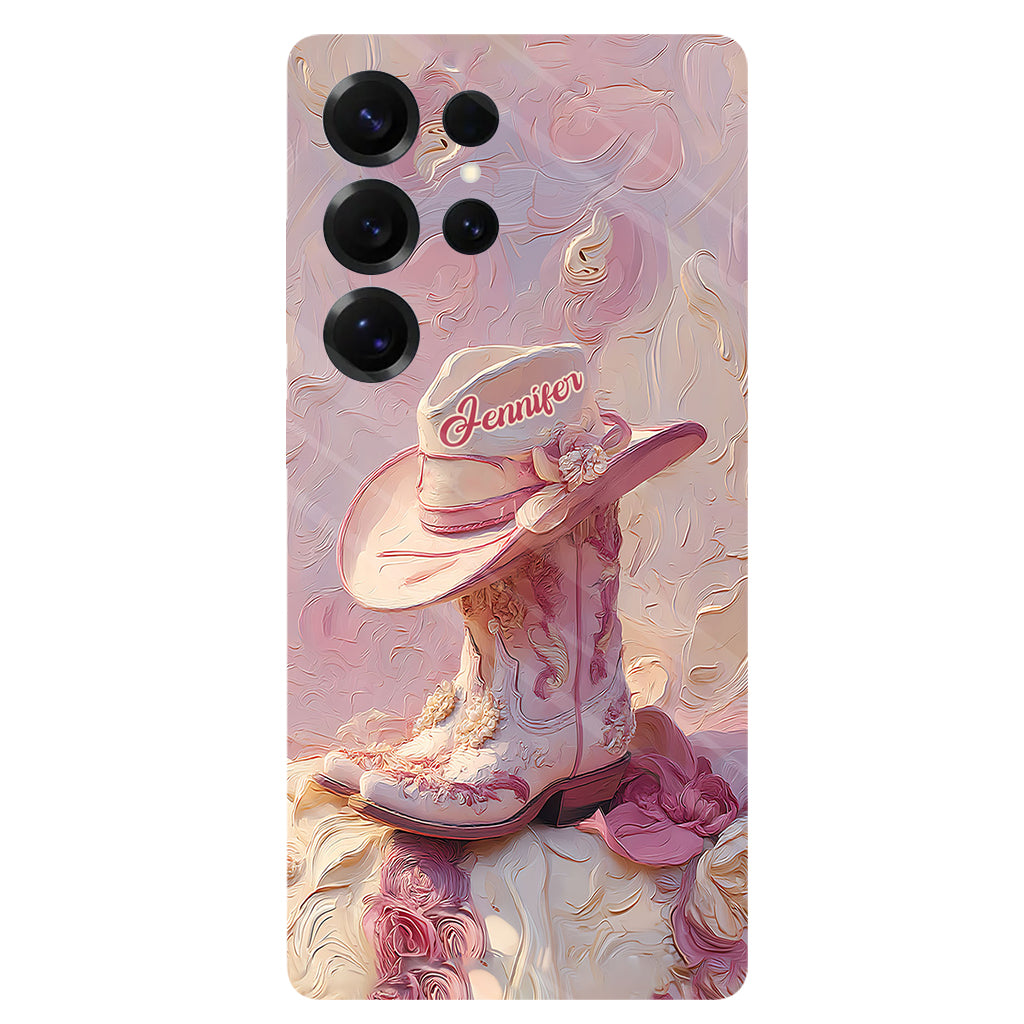 Coque de téléphone et support personnalisés « Cowgirl rose » avec imprimé intégral et support pour téléphone