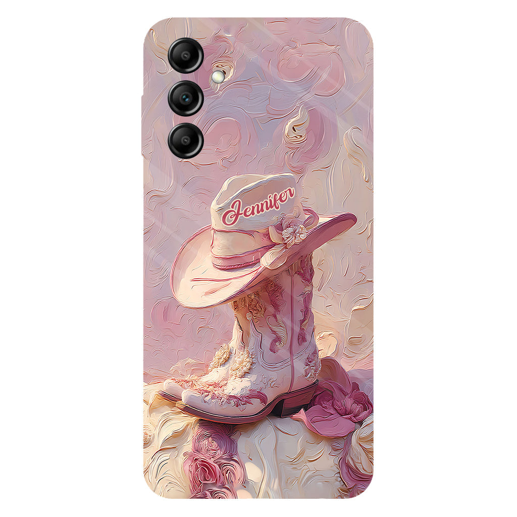 Coque de téléphone et support personnalisés « Cowgirl rose » avec imprimé intégral et support pour téléphone