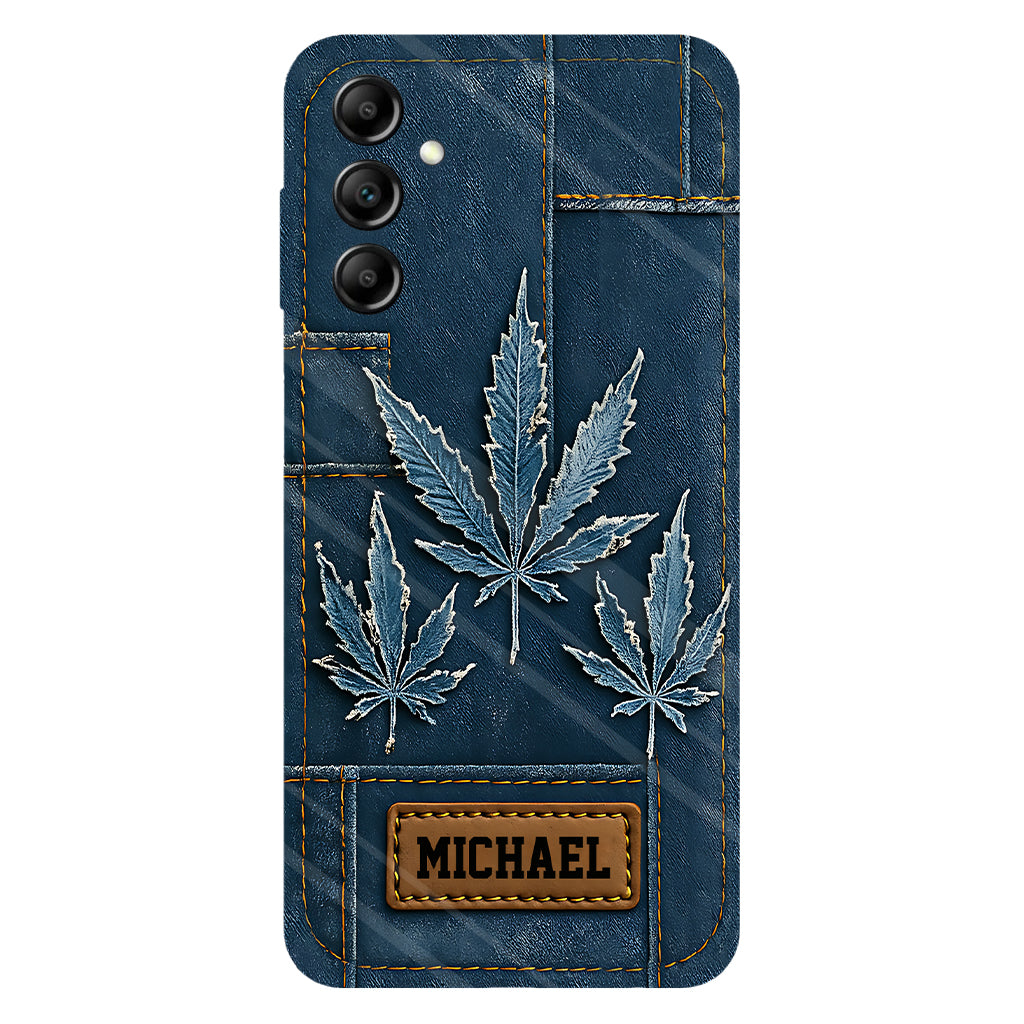 Coque de téléphone personnalisée avec imprimé intégral de marijuana en denim vieilli