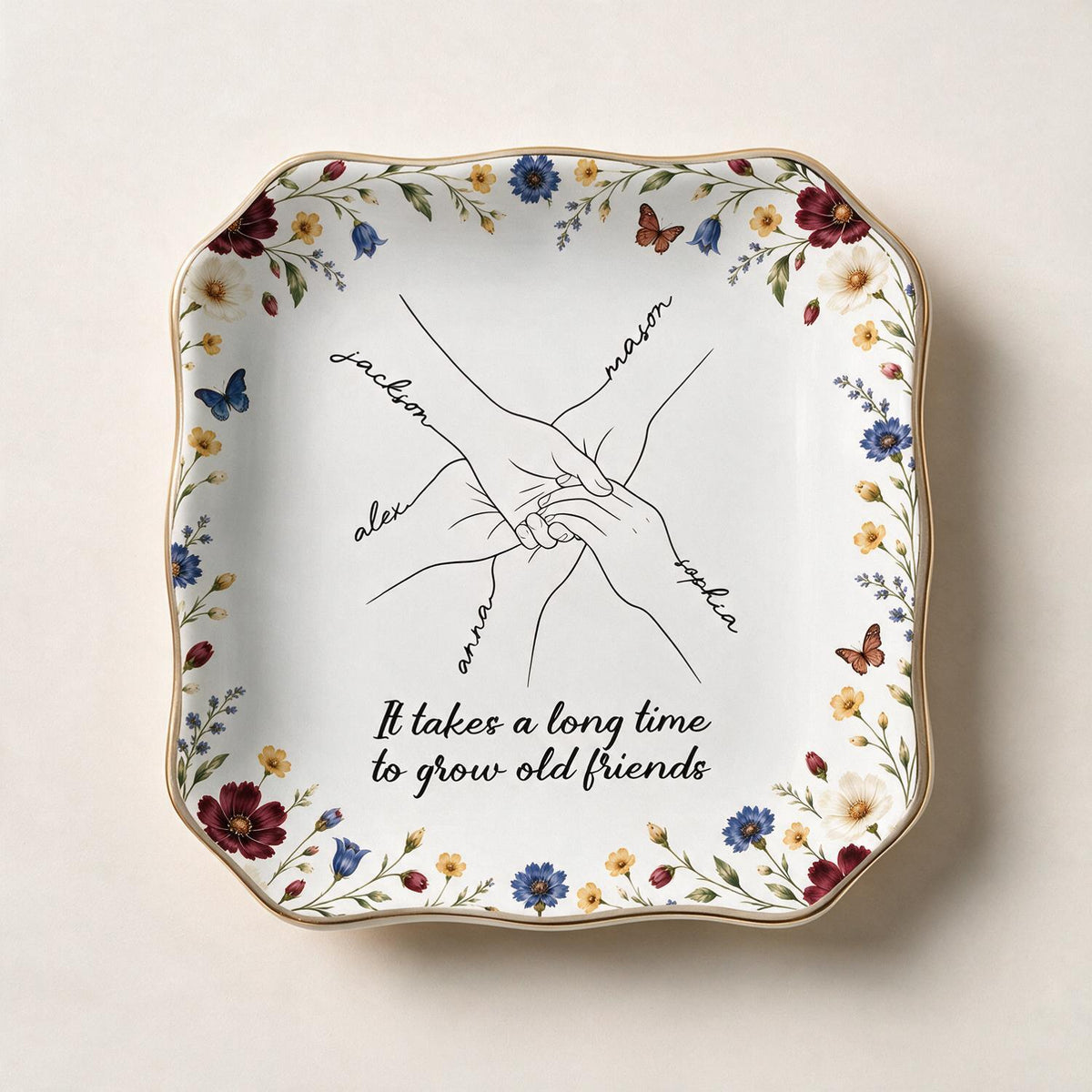 Personalized Old Friends Wildflower Jewelry Dish, Custom Bestie Gift with Names