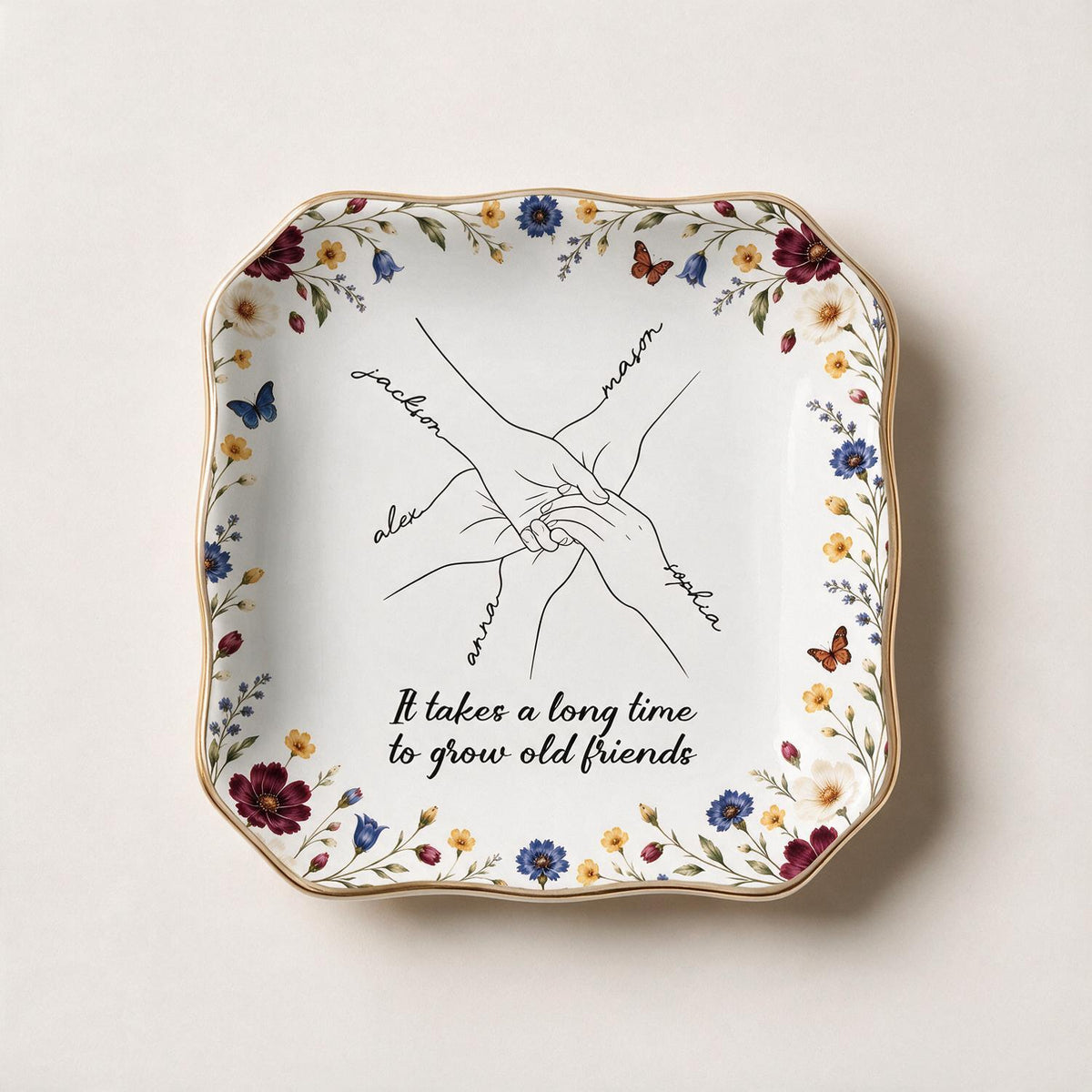 Personalized Old Friends Holding Hands Floral Jewelry Dish, Bestie Gift