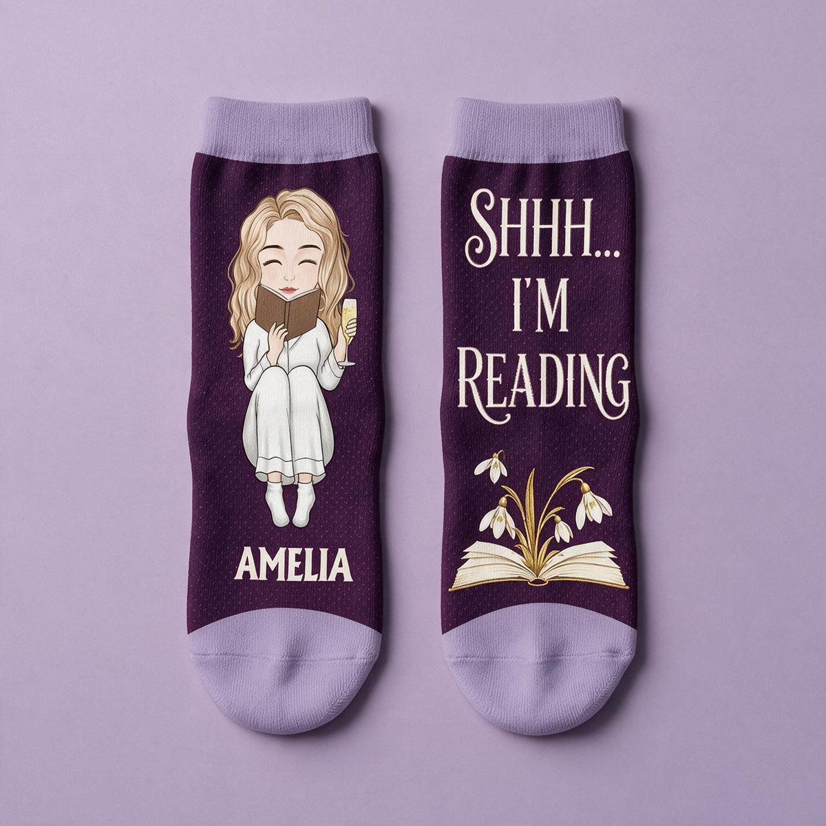 Personalized Shhh I'm Reading Crew Socks - Book Lover Gift for Women