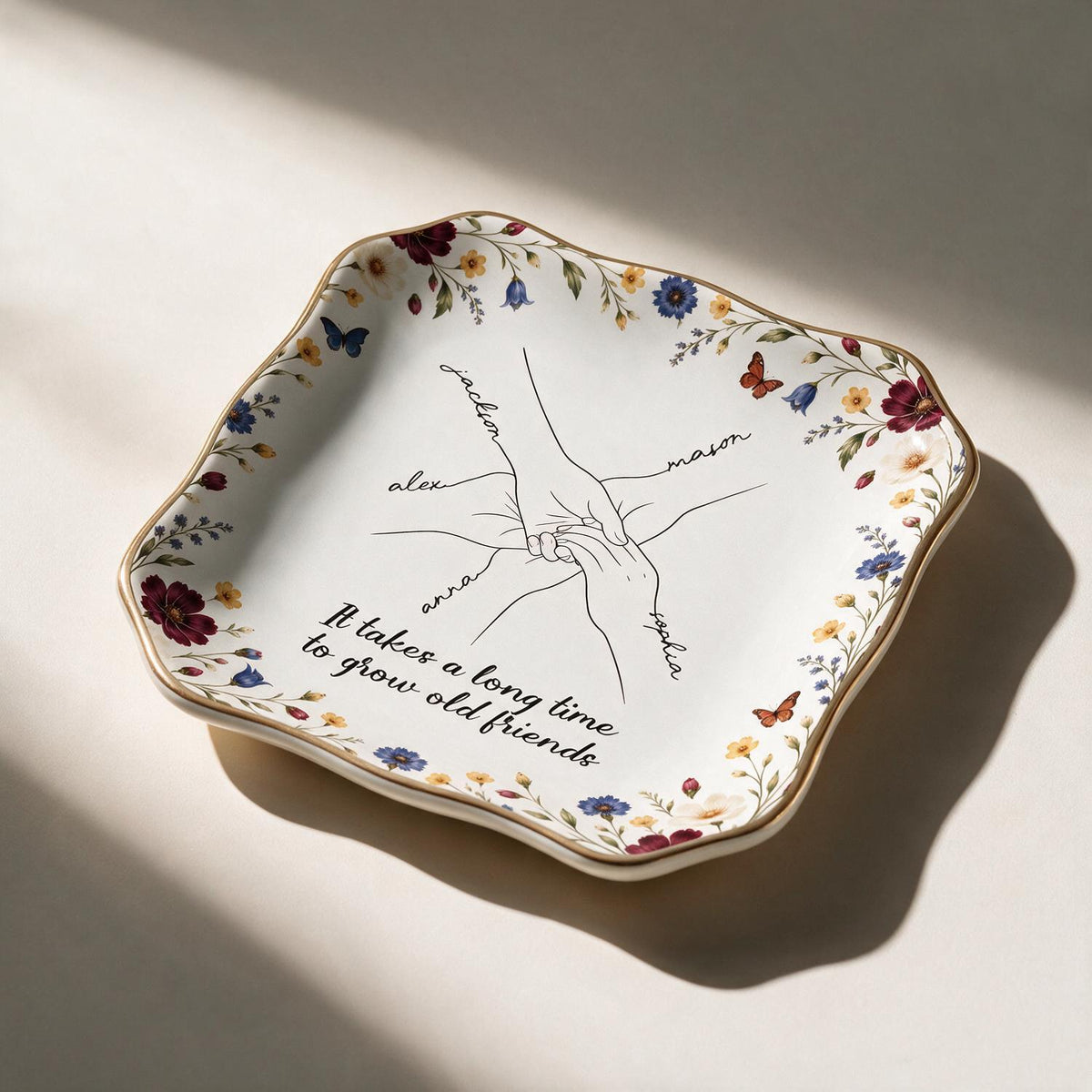 Personalized Old Friends Holding Hands Floral Jewelry Dish, Bestie Gift