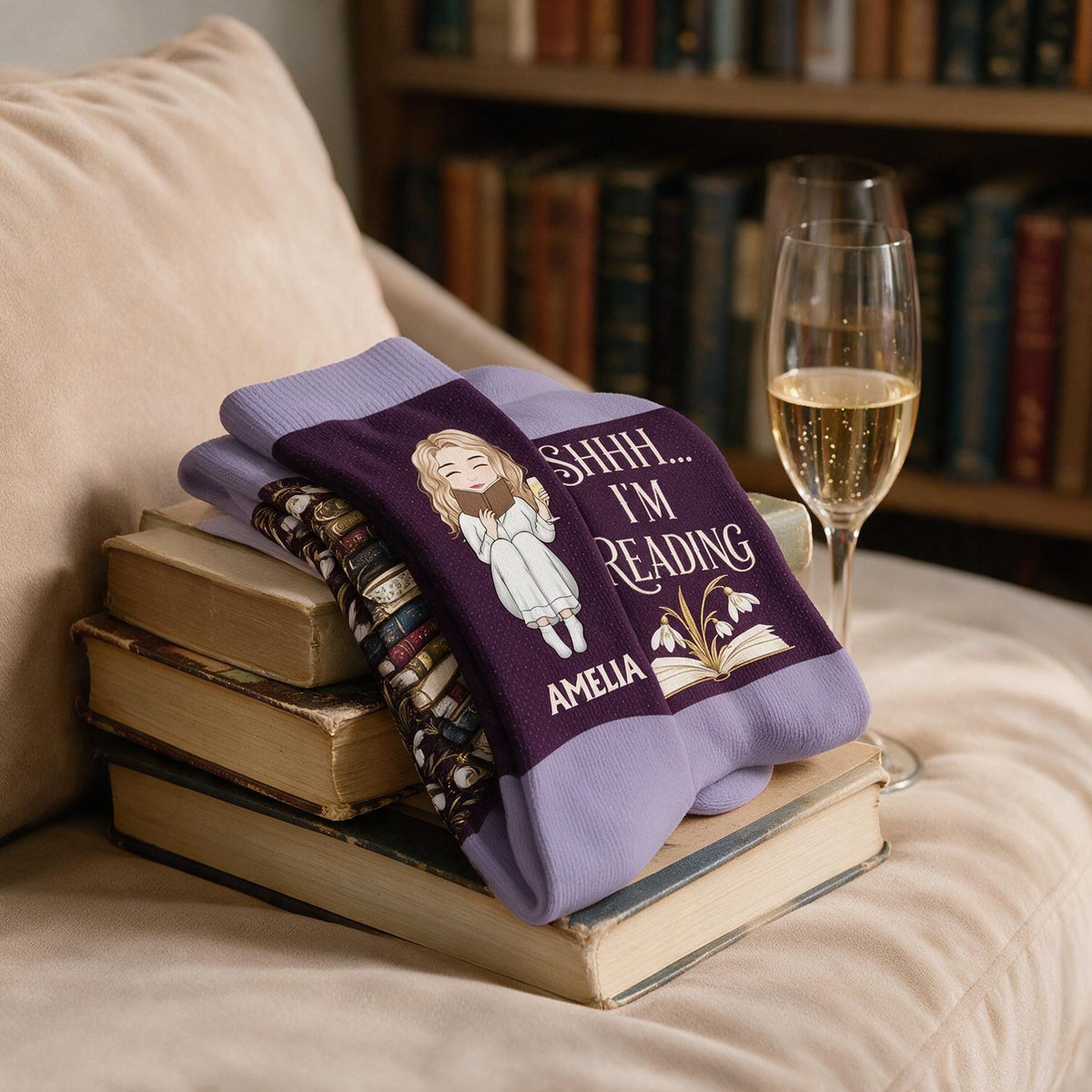 Personalized Shhh I'm Reading Crew Socks - Book Lover Gift for Women
