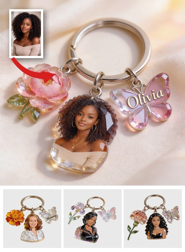 Porte-clés Portrait Femme Noire Personnalisé - Fleur de Naissance & Charme Nom Cadeau Souvenir Amour de Soi