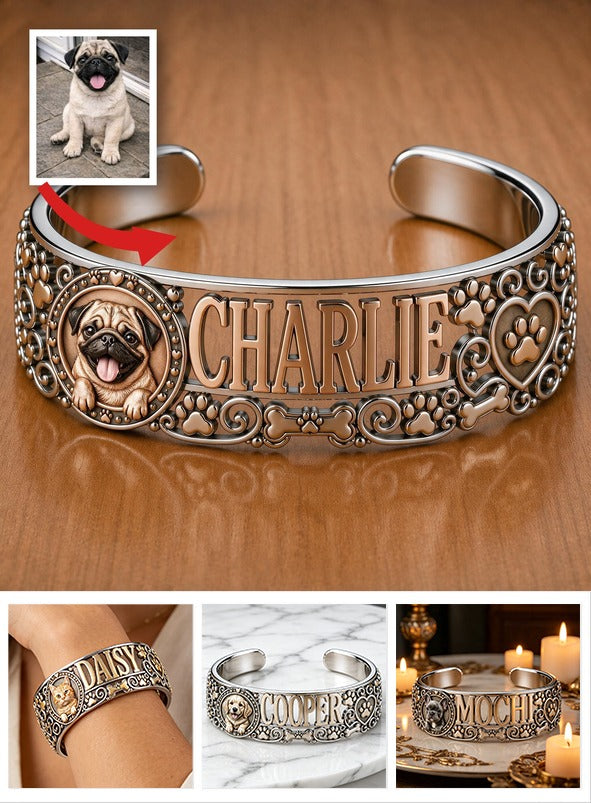 Personalized Cute Smiling Fawn Pug Cuff Bracelet Custom Name Jewelry Gift for Pug Lover Dog Mom Pet Owner