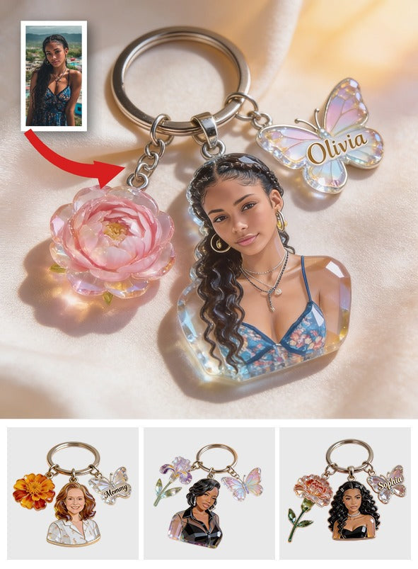 Personalized Latin Woman Portrait Acrylic Keychain Custom Name Peony Butterfly Charm Self Love Gift for Her