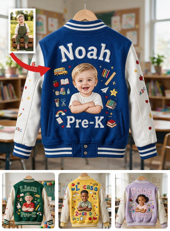 Personalisierte Varsity-Jacke für Jungen zur Schule mit Foto, Name & Klasse