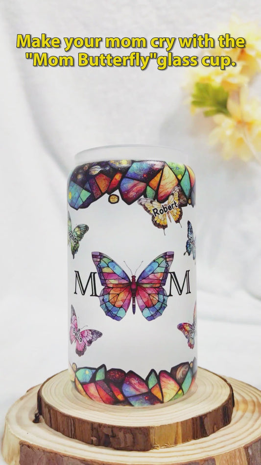 Mom Butterfly Colorful Stained Glass - Personalized Mother Can Glass