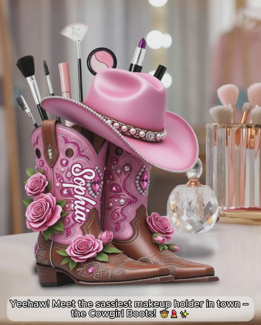Cowgirl-Stiefel – Personalisierter Schminkpinselhalter aus Holz im Cowgirl-Stil