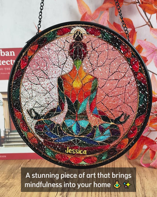 Siddhasana Mindfulness - Attrape-soleil en vitrail personnalisé pour le yoga