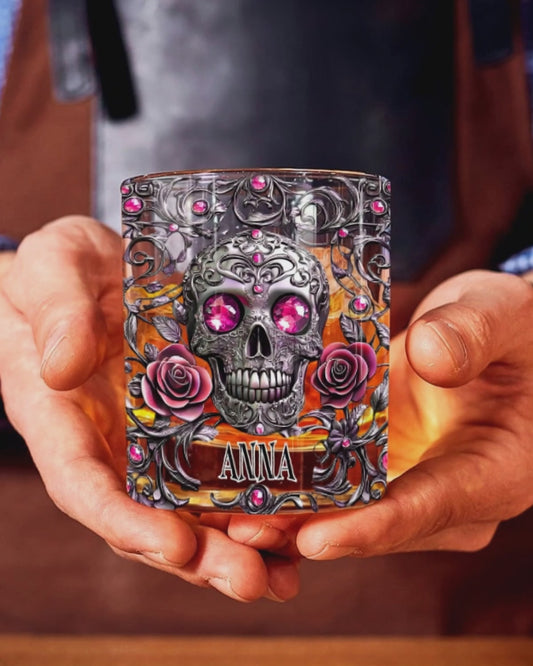 Beautiful Skull And Roses - Personalized Skull Whiskey Glass