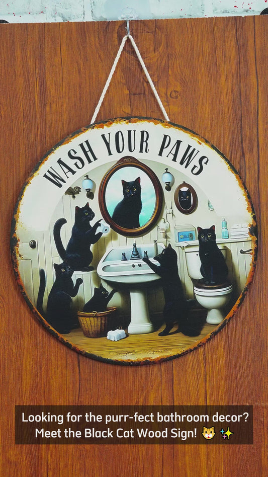 Wash Your Paws - Personalized Black Cat Round Wood Sign