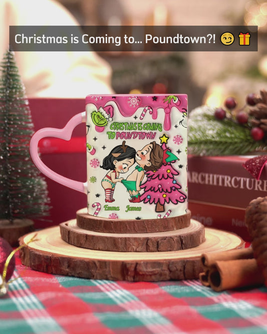 Christmas Is Coming - Personalized Couple Heart Handle Mug