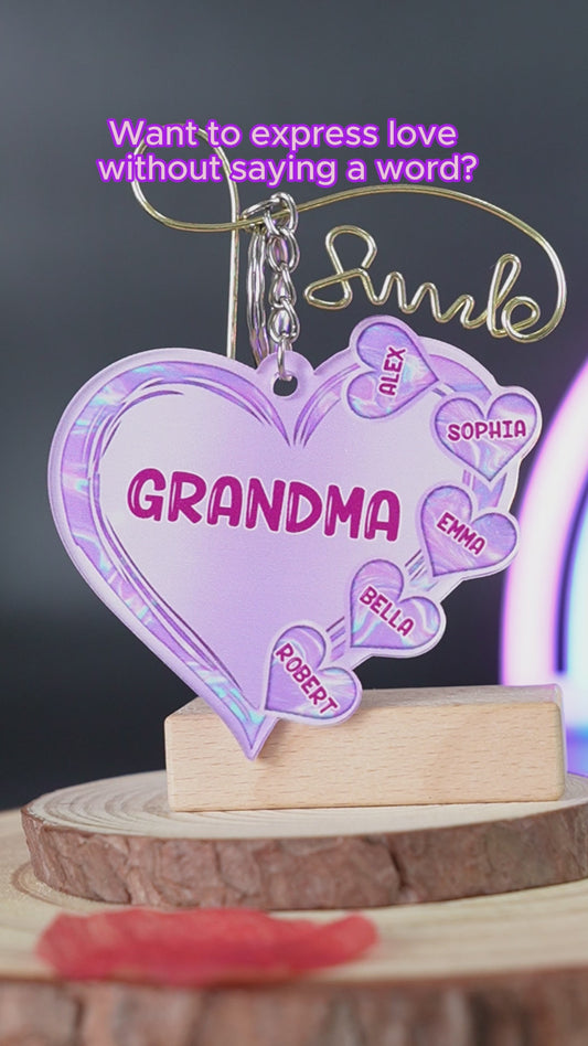 Grandma Heart Hologram Buffalo Plaid - Personalized Grandma Keychain