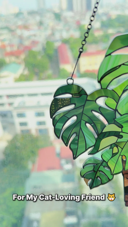 Peeking Cat And Monstera - Personalized Cat Window Hanging Suncatcher Ornament