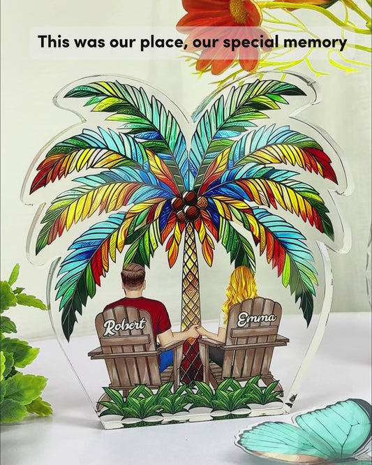 Under The Palm Tree Happy Couple - Personalized Couple Custom Shaped Acrylic Plaque