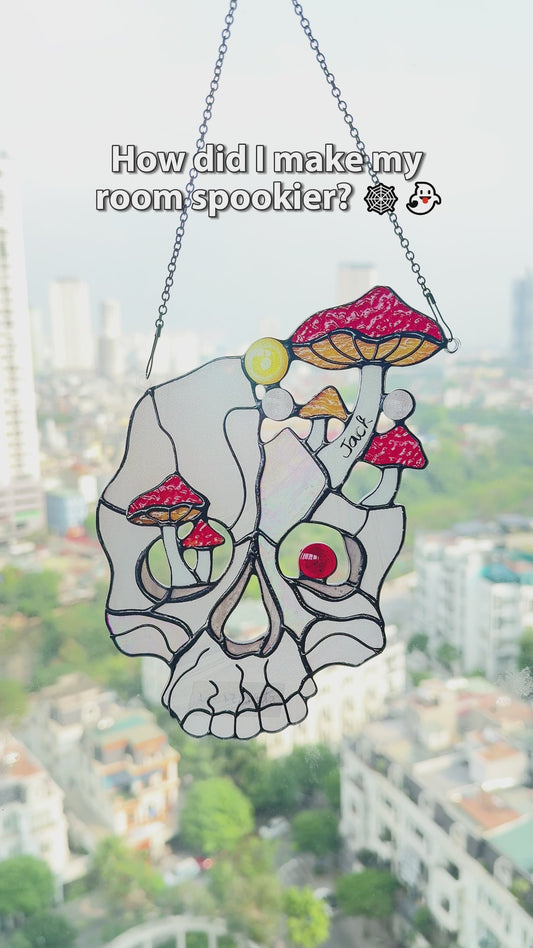 Mushroom White Skull - Personalized Skull Window Hanging Suncatcher Ornament