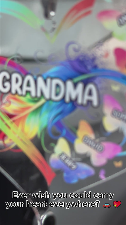 Grandma Colorful Heart Infinite Feather Butterfly - Personalized Grandma Transparent Car Ornament