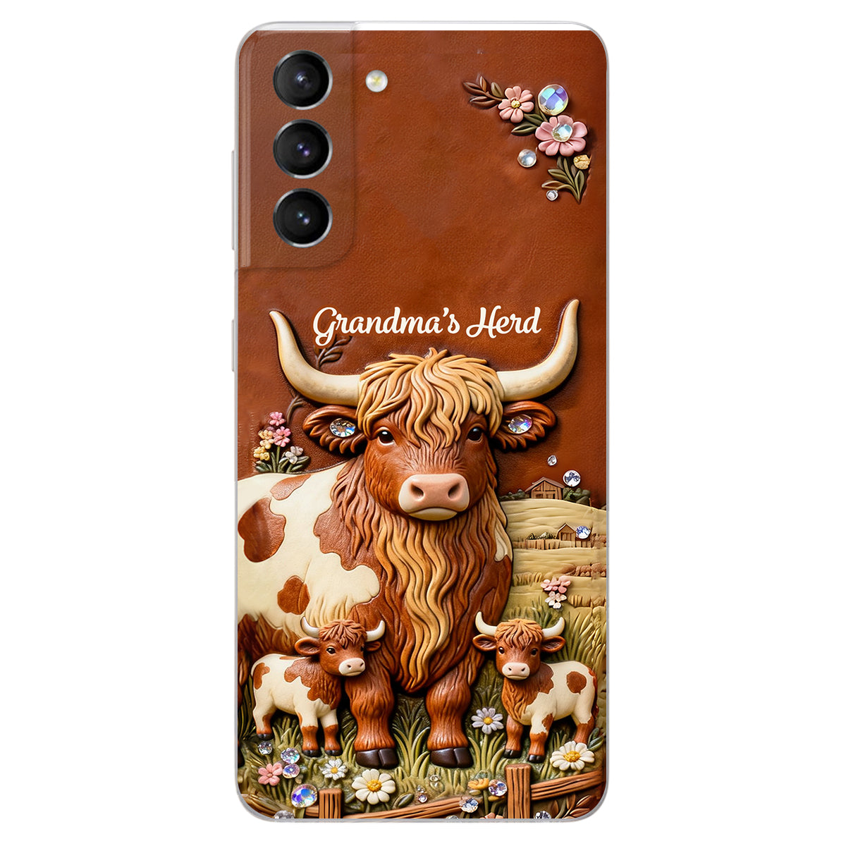 Grandma's Herd - Personalized Highland Cow 3D Embossed Leather Phone Case
