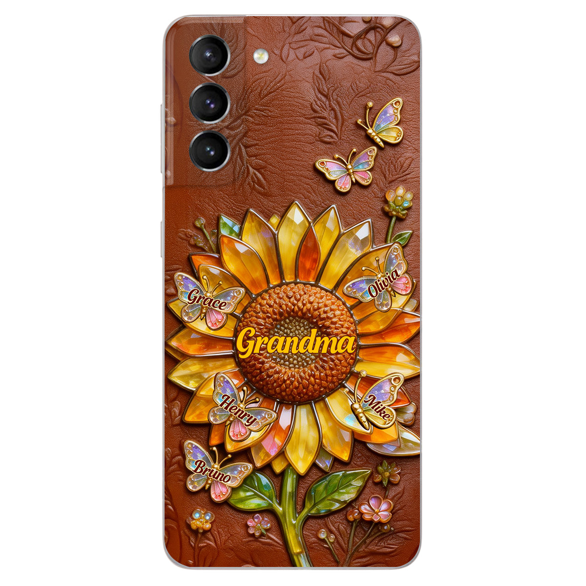 Grandma Sunflower - Personalized Grandma 3D Embossed Leather Phone Case