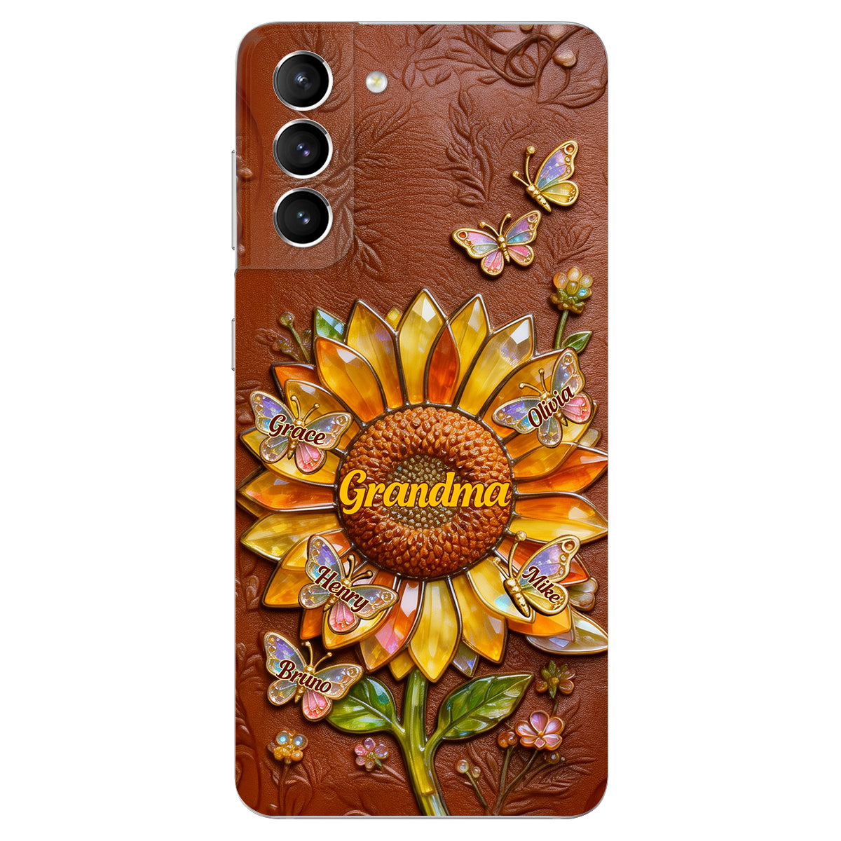 Grandma Sunflower - Personalized Grandma 3D Embossed Leather Phone Case