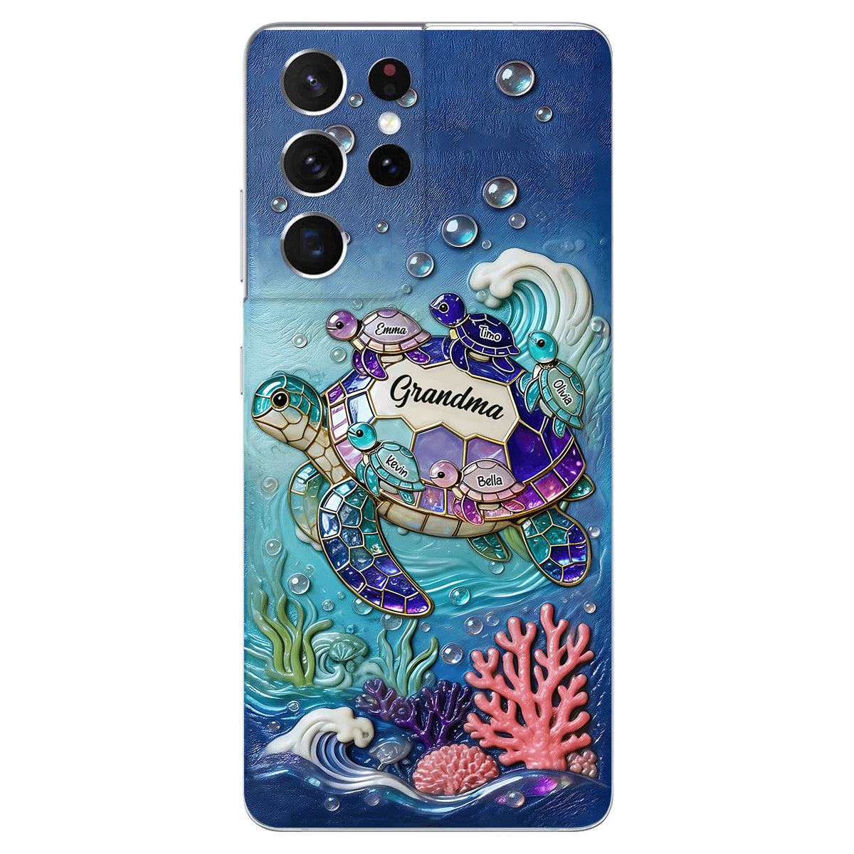 Grandma Turtle - Personalized Turtle 3D Embossed Leather Phone Case