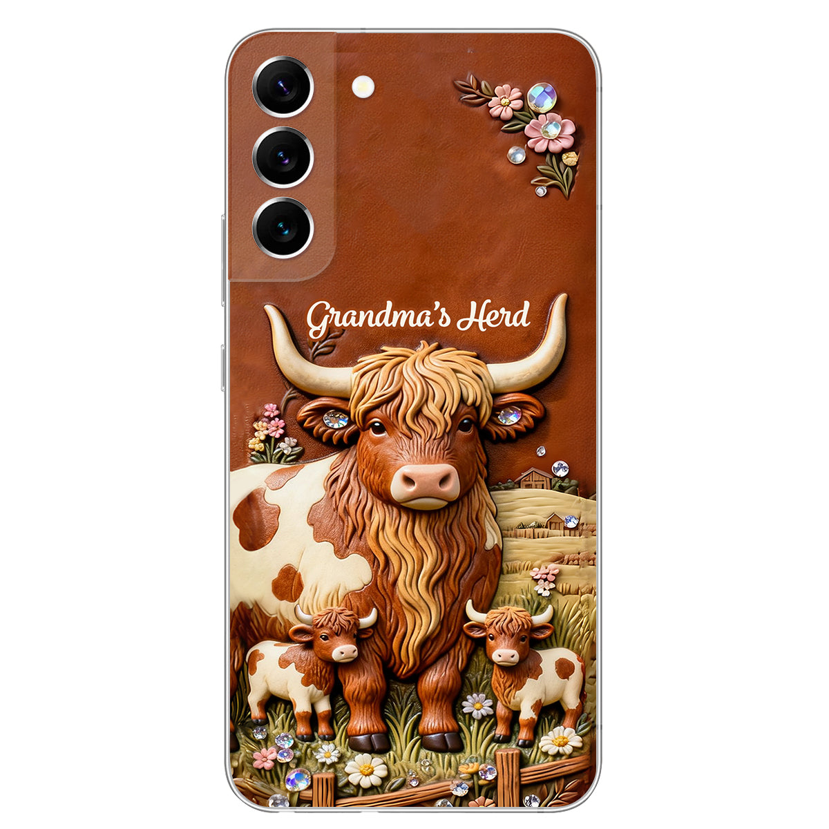 Grandma's Herd - Personalized Highland Cow 3D Embossed Leather Phone Case