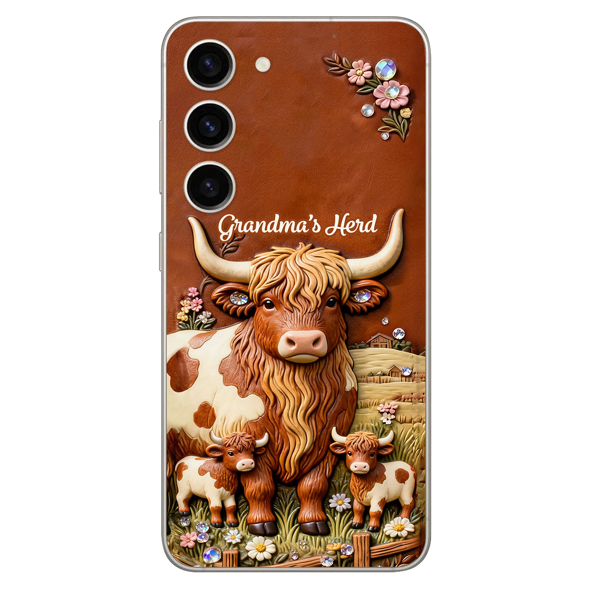 Grandma's Herd - Personalized Highland Cow 3D Embossed Leather Phone Case