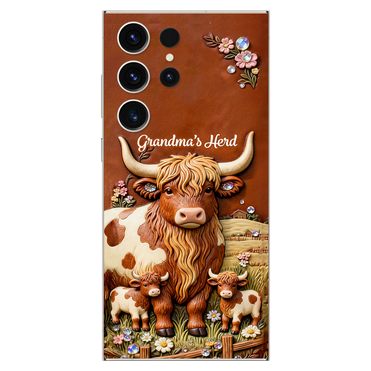 Grandma's Herd - Personalized Highland Cow 3D Embossed Leather Phone Case