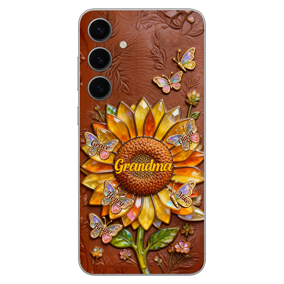 Grandma Sunflower - Personalized Grandma 3D Embossed Leather Phone Case