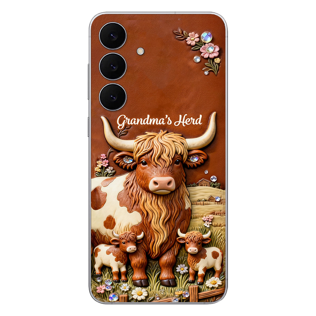 Grandma's Herd - Personalized Highland Cow 3D Embossed Leather Phone Case