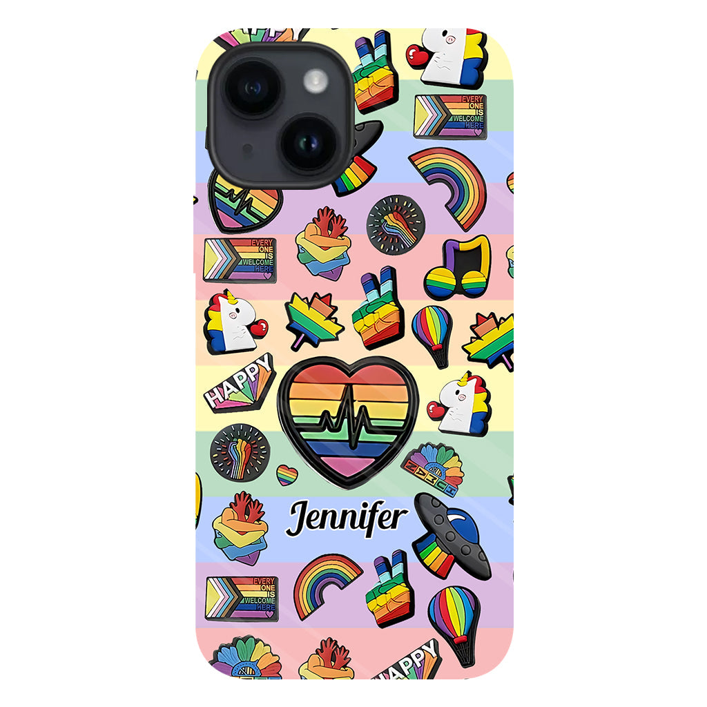 Coque de téléphone et support pour téléphone personnalisés « Arc-en-ciel de la fierté » avec impression intégrale, en soutien à la communauté LGBT.