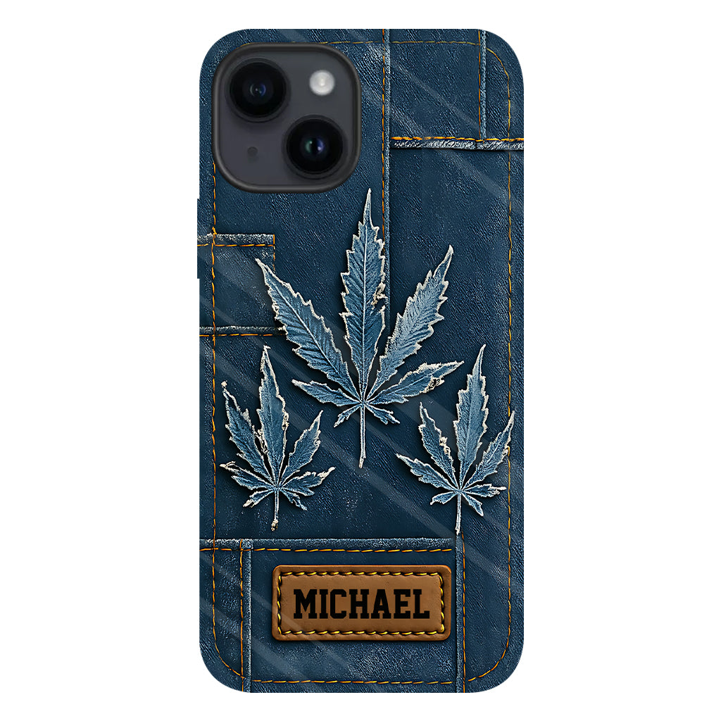 Coque de téléphone personnalisée avec imprimé intégral de marijuana en denim vieilli