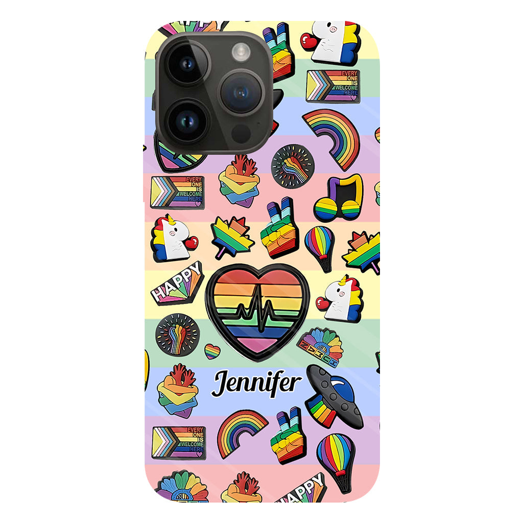 Coque de téléphone et support pour téléphone personnalisés « Arc-en-ciel de la fierté » avec impression intégrale, en soutien à la communauté LGBT.