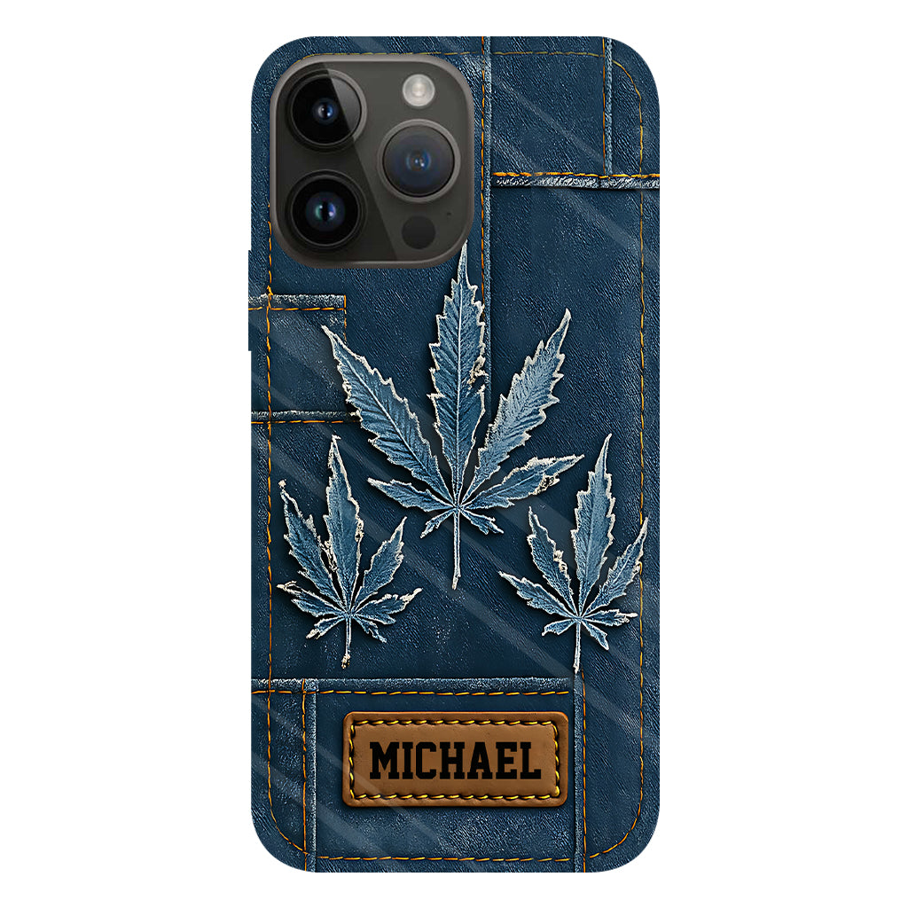 Coque de téléphone personnalisée avec imprimé intégral de marijuana en denim vieilli