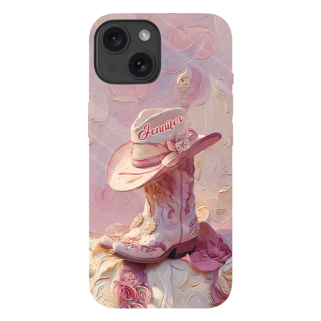 Coque de téléphone et support personnalisés « Cowgirl rose » avec imprimé intégral et support pour téléphone