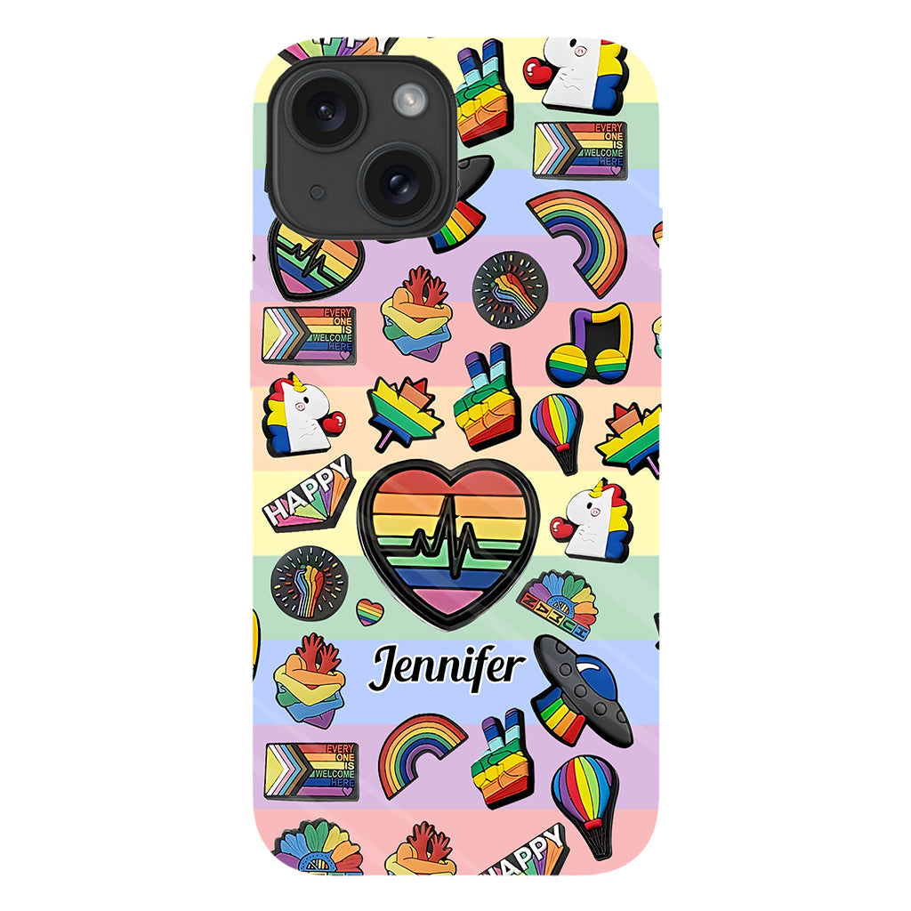 Coque de téléphone et support pour téléphone personnalisés « Arc-en-ciel de la fierté » avec impression intégrale, en soutien à la communauté LGBT.