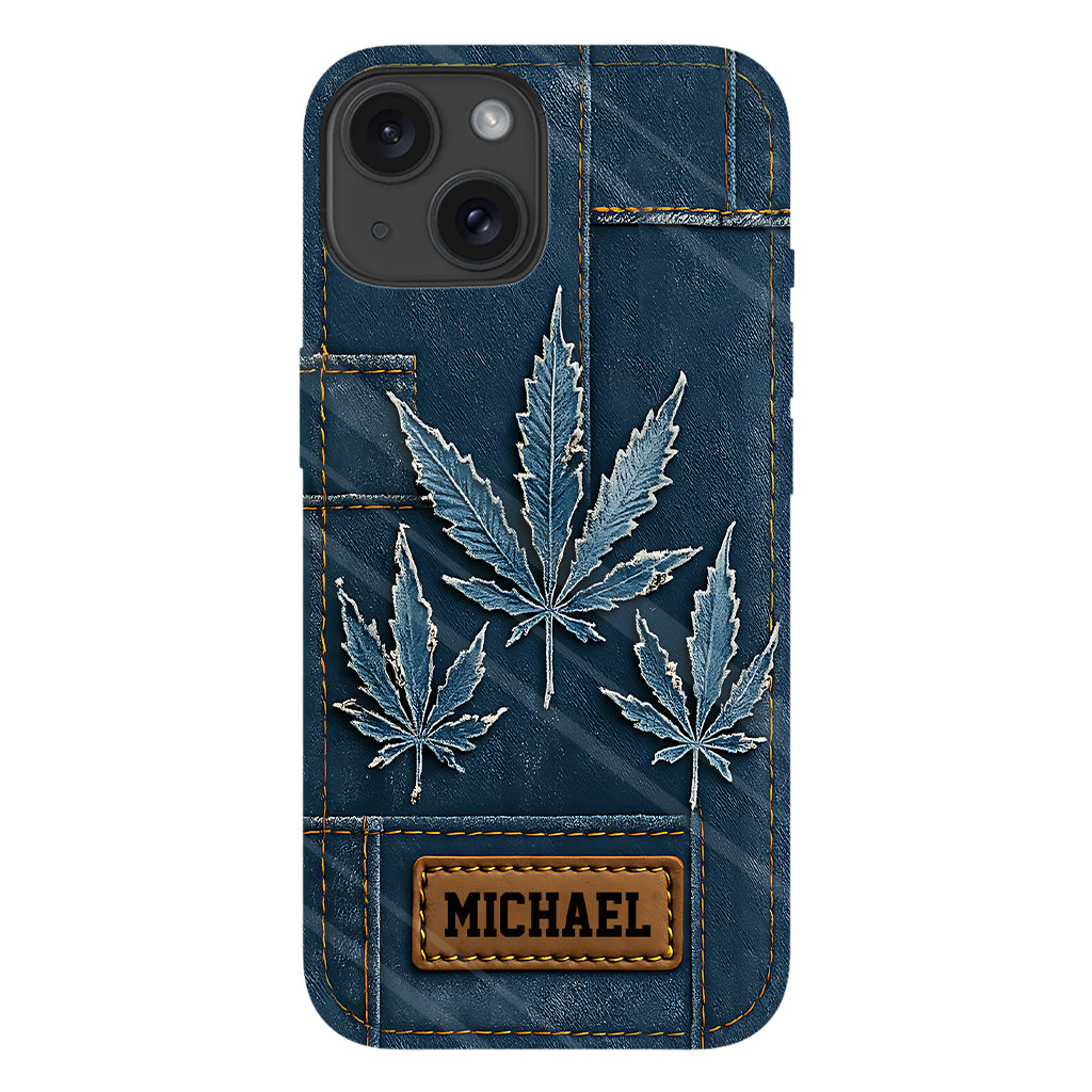 Coque de téléphone personnalisée avec imprimé intégral de marijuana en denim vieilli