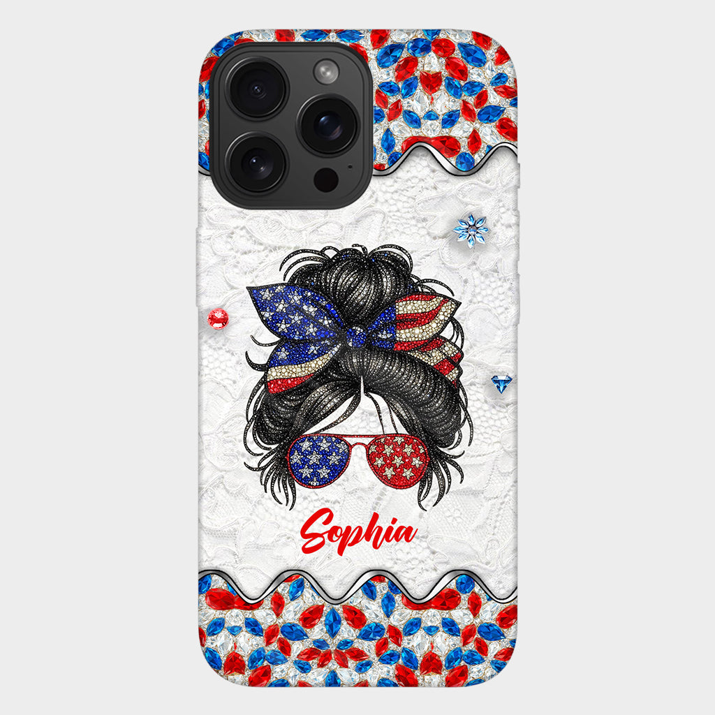 Messy Bun Girl - Personalized Independence Day/ 4th of July Full Print Phone Case