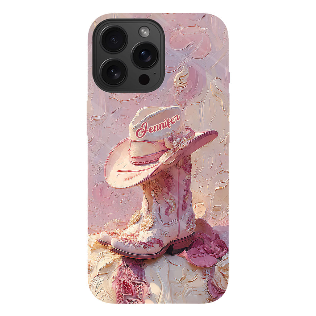 Coque de téléphone et support personnalisés « Cowgirl rose » avec imprimé intégral et support pour téléphone