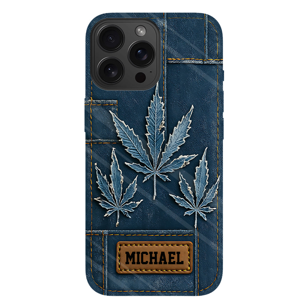 Coque de téléphone personnalisée avec imprimé intégral de marijuana en denim vieilli
