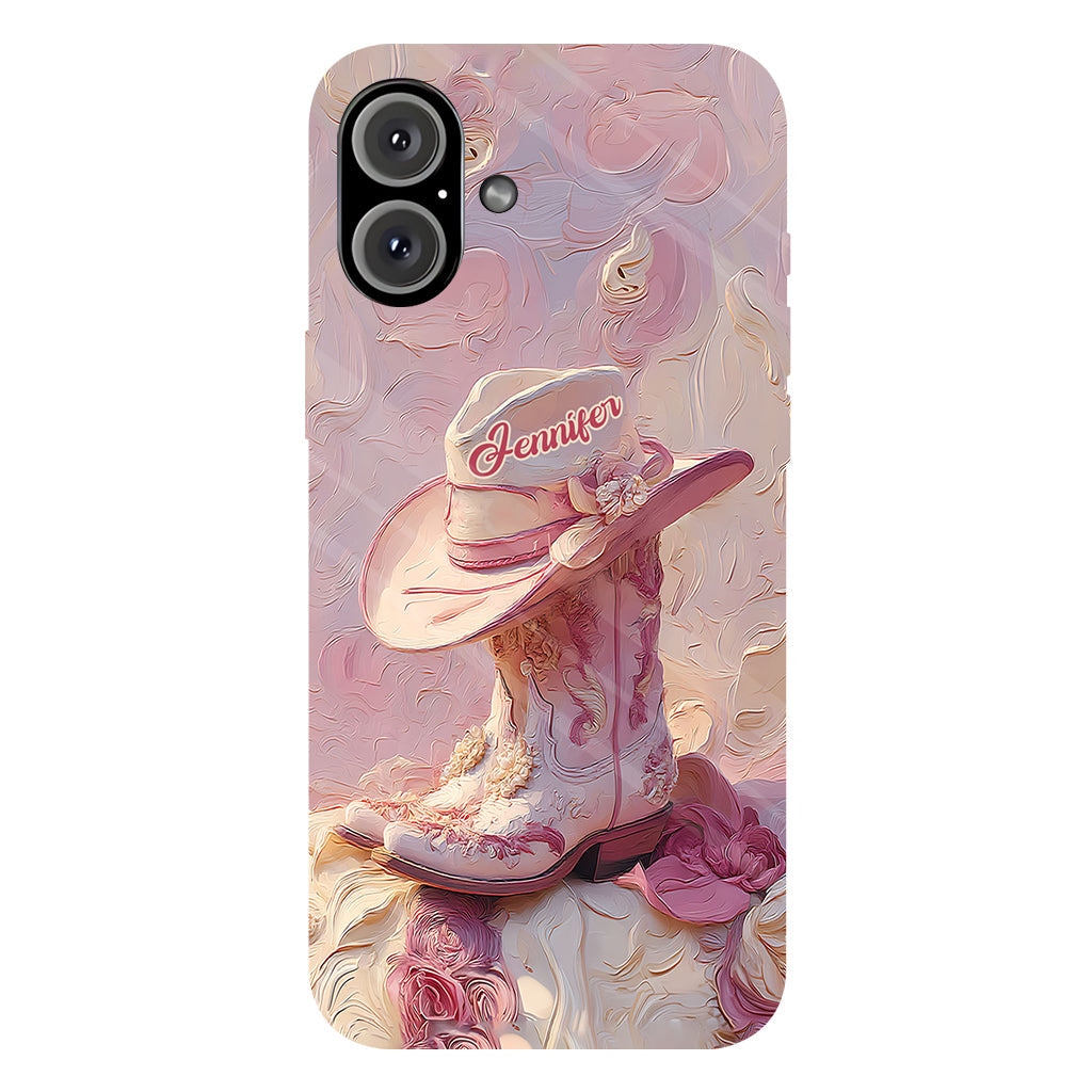 Coque de téléphone et support personnalisés « Cowgirl rose » avec imprimé intégral et support pour téléphone