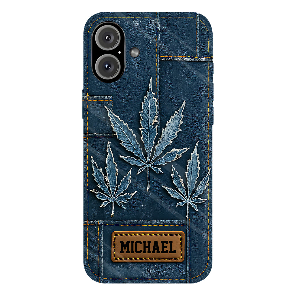 Coque de téléphone personnalisée avec imprimé intégral de marijuana en denim vieilli