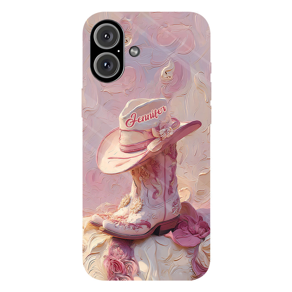 Coque de téléphone et support personnalisés « Cowgirl rose » avec imprimé intégral et support pour téléphone