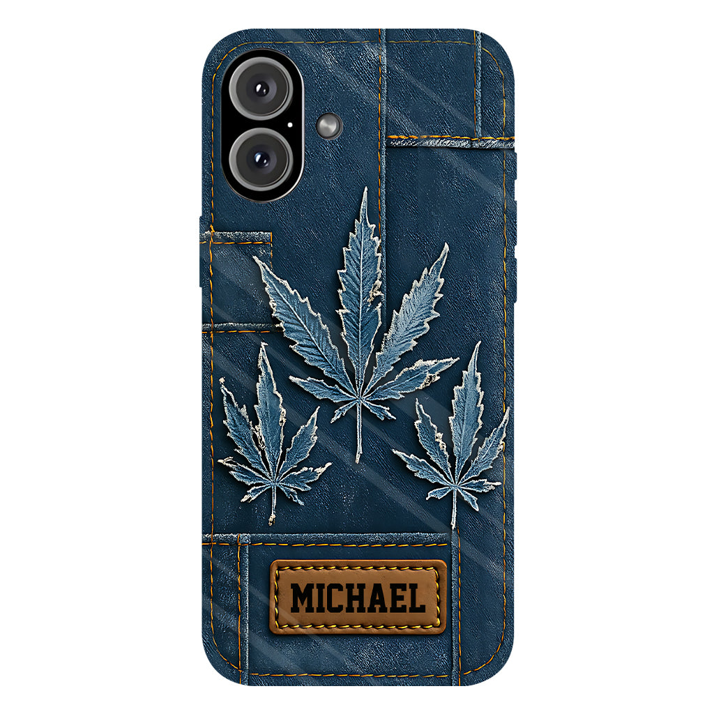 Coque de téléphone personnalisée avec imprimé intégral de marijuana en denim vieilli