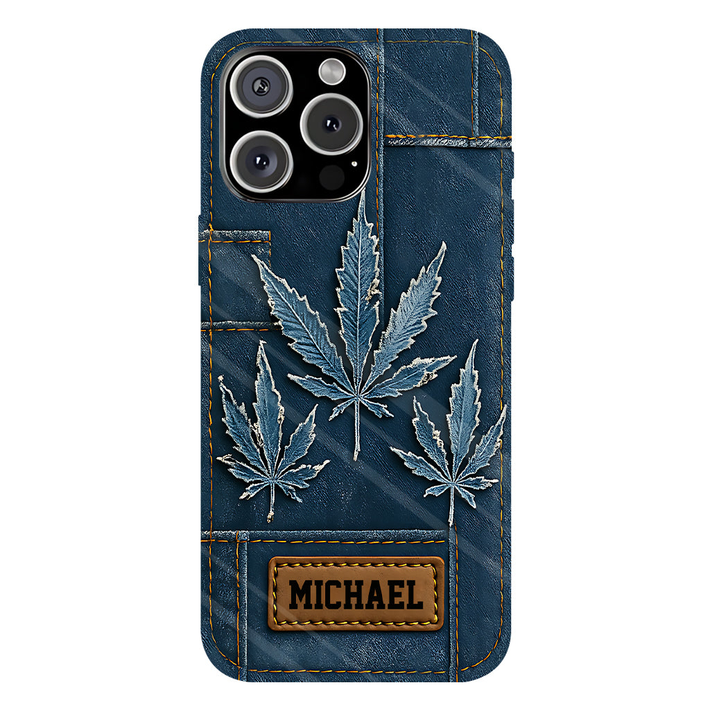 Coque de téléphone personnalisée avec imprimé intégral de marijuana en denim vieilli