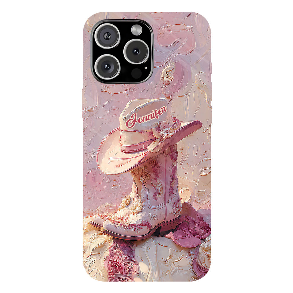Coque de téléphone et support personnalisés « Cowgirl rose » avec imprimé intégral et support pour téléphone